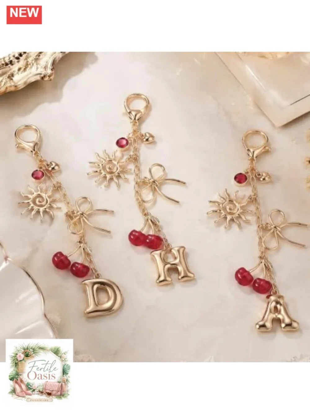 Cherry Charm Keychain with Bow Initials, Metal Purse Accessory